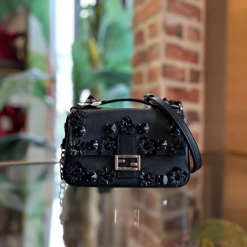 FENDI Micro Double Baguette Black Blue Floweland Crossbody Bag